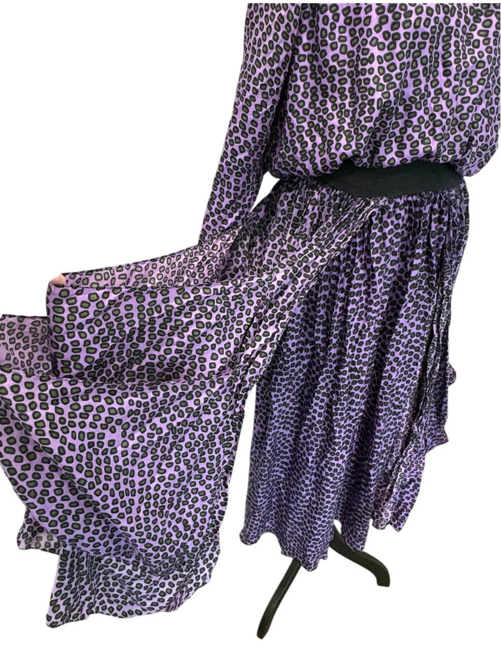 Vintage EXILE Bari Jay 100% Silk Purple Animal Print Goth Dolman Draped Dress M - Picture 4 of 12